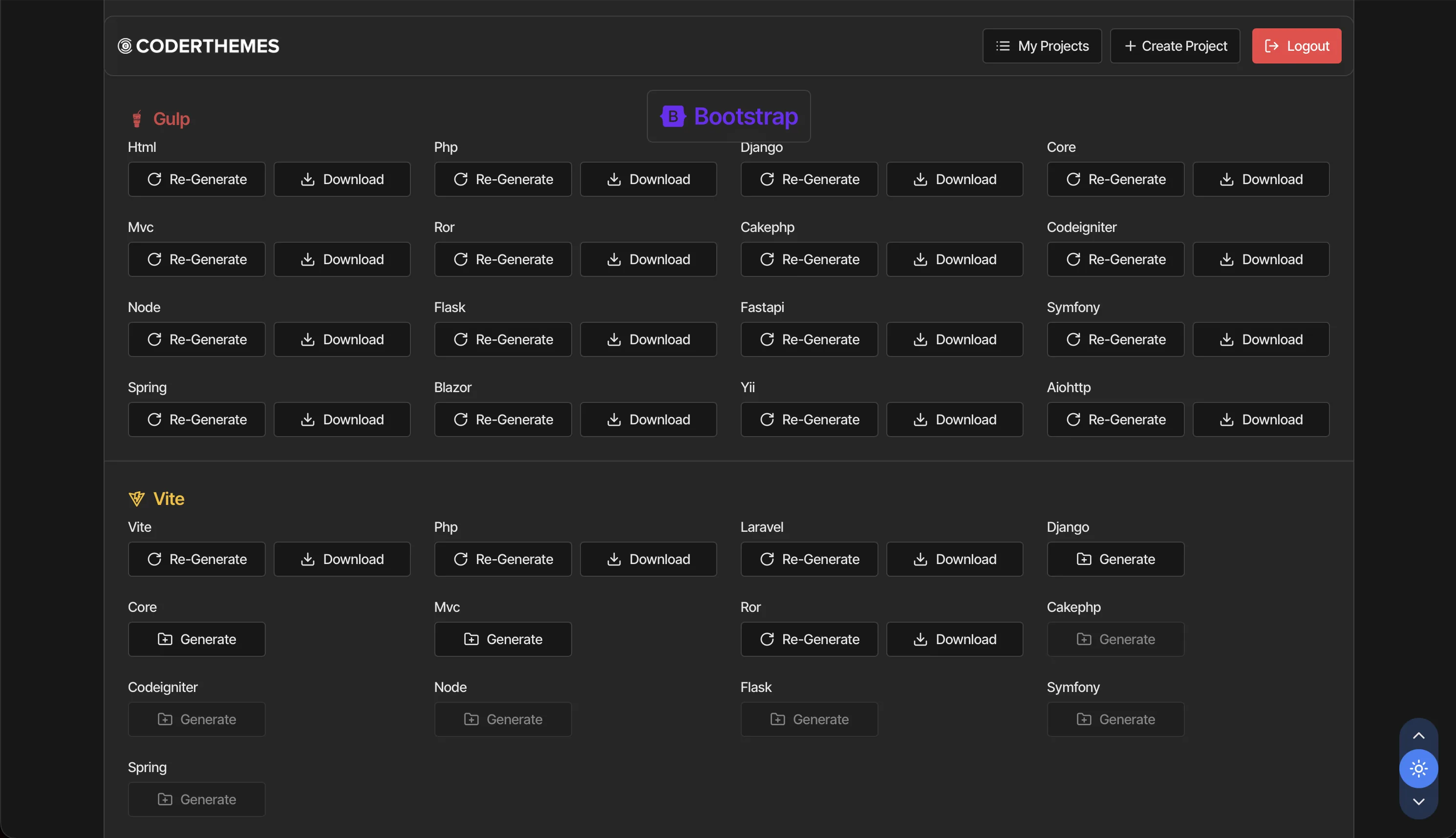 Bootstrap versions of one project, grouped by Gulp and Vite pipelines