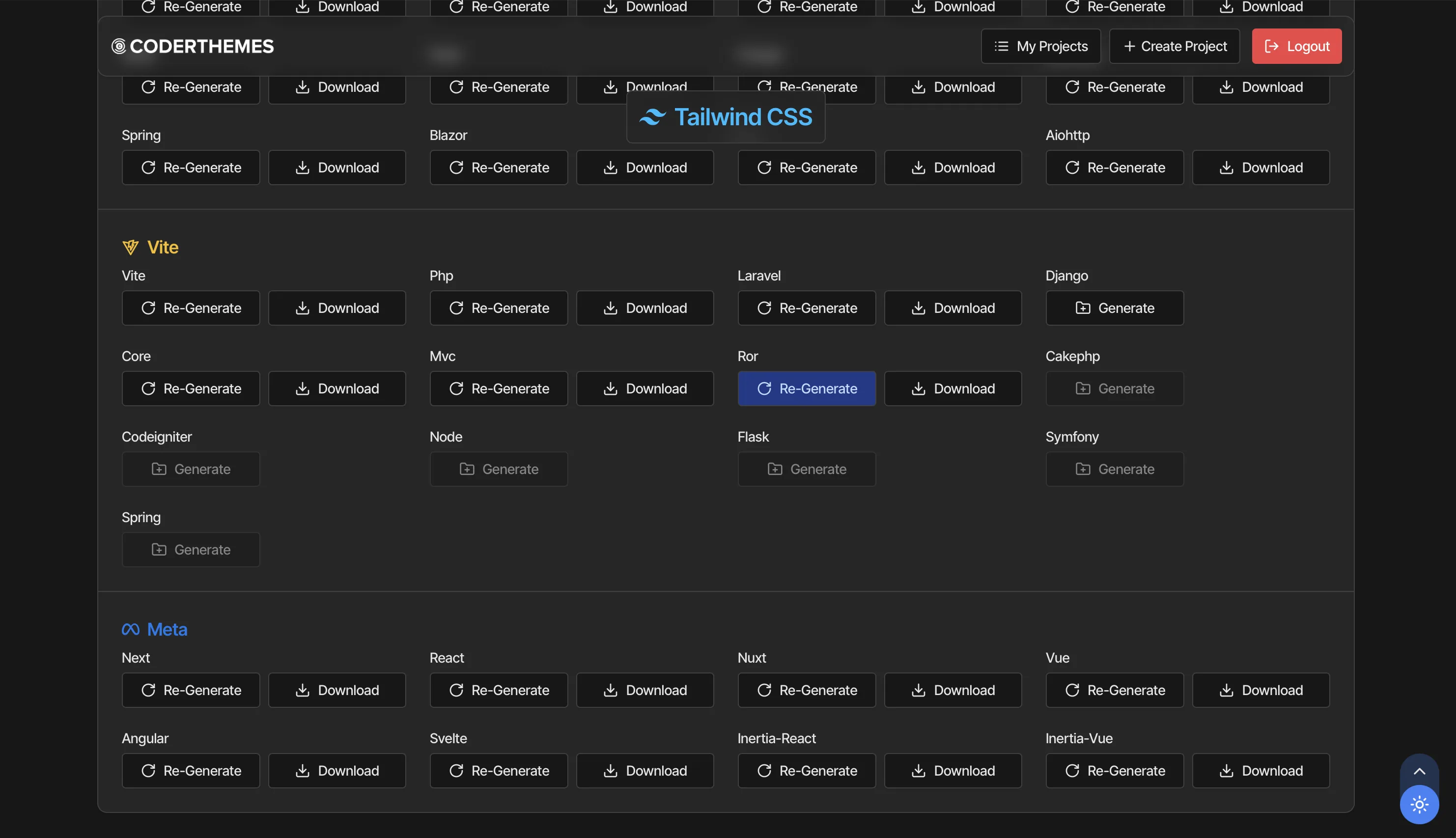 Tailwind CSS versions of the same project across Vite and frontend frameworks